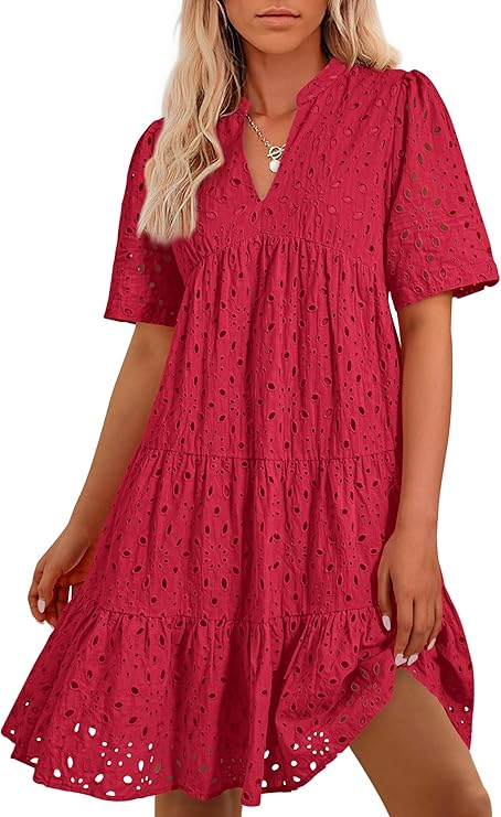 BTFBM Womens Boho Summer Dresses 2026 Spring V Neck Short Sleeve Hollow Out Lace Ruffle Casual Beach Mini Vacation Dress