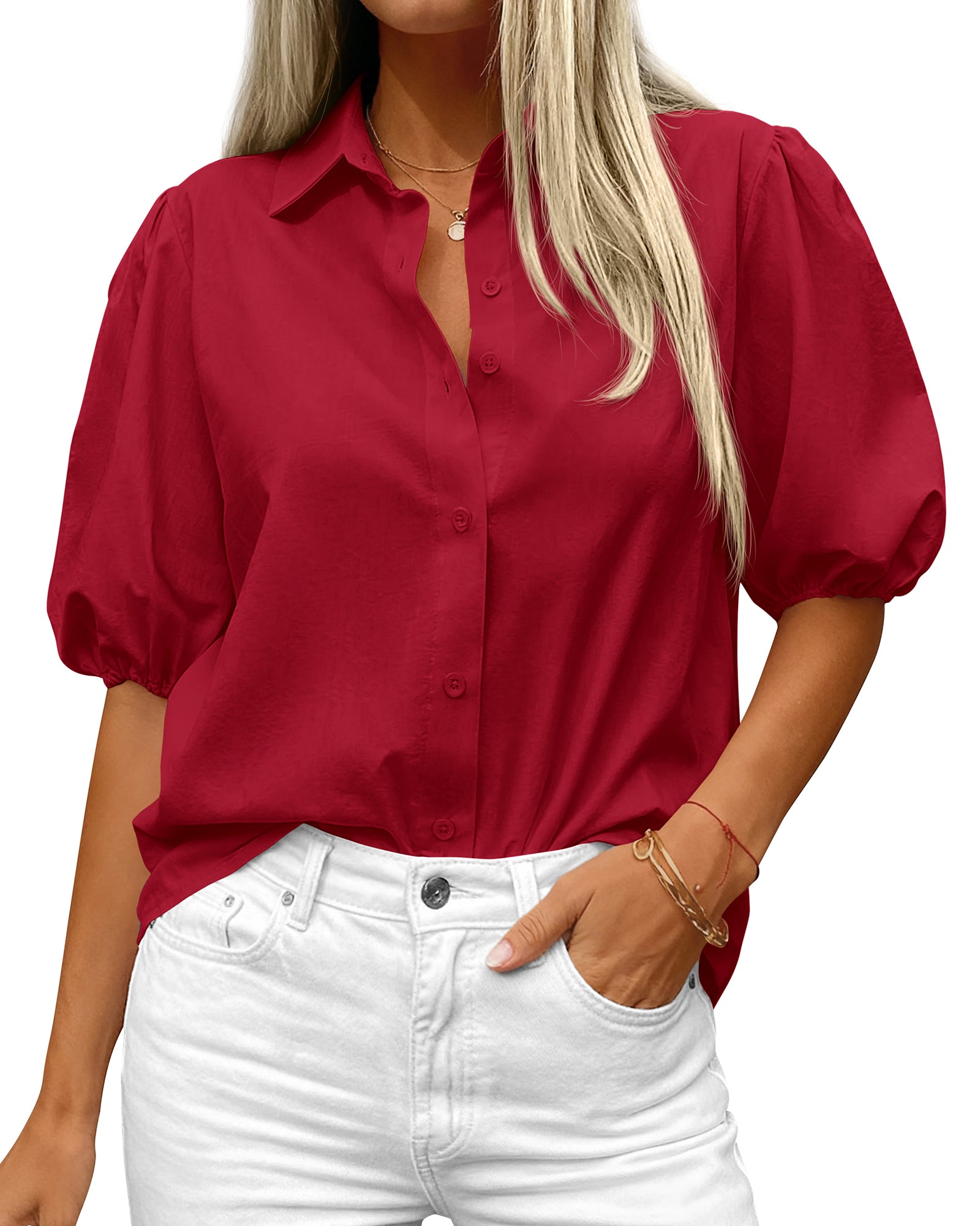 BTFBM Women's Button Down Shirts Short Puff Sleeve Collared V Neck 2026 Summer Tops Dressy Casual Work Business Blouses