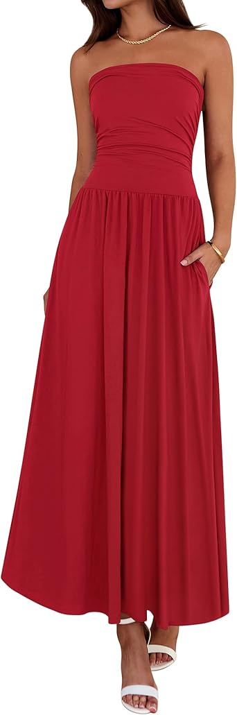 BTFBM Summer Maxi Dresses for Women 2026 Strapless Ruched Tube Top Beach Vacation Spring Wedding Guest Dress Pockets