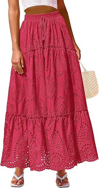 BTFBM Boho Long Skirts for Women Spring Summer 2026 Lace Embroidery High Waist Flowy Tiered Maxi Skirt Beach Vacation