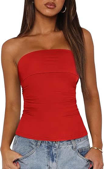 BTFBM Womens Strapless Tube Tops Spring Summer Clothes 2026 Trendy Casual Ruched Stretchy Going Out Bodycon Bandeau Top