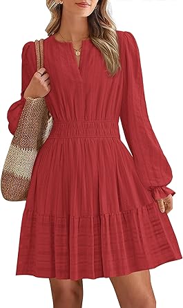 BTFBM Mini Dresses for Women 2025 Casual Lightweight Long Sleeve V Neck A Line Elastic Waist Party Holiday Dress