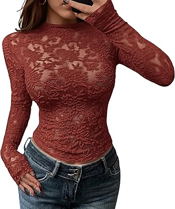 BTFBM Mesh Long Sleeve Tops for Women Lace Sexy Sheer Tight See Through Crew Neck Spring Fall 2026 Party Club Outfits