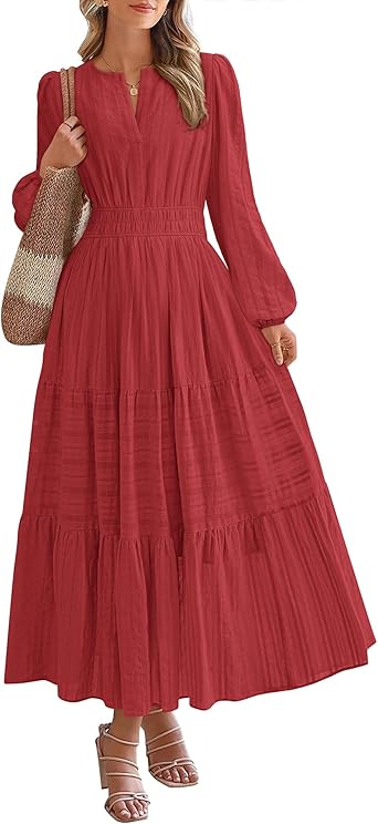 BTFBM Fall Dresses for Women 2025 Casual Long Sleeve V Neck Elastic Waist Lightweight Maxi Wedding Guest Dress Pockets