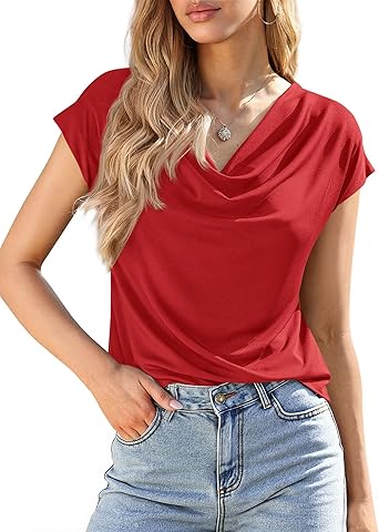 BTFBM Blouses for Women Dressy Casual Spring Summer Tops 2026 Cowl Neck Short Sleeve Shirts Work Office Business Outfits