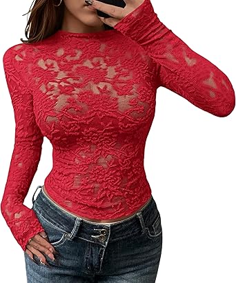 BTFBM Mesh Long Sleeve Tops for Women Lace Sexy Sheer Tight See Through Crew Neck Spring Fall 2026 Party Club Outfits