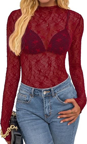 BTFBM Lace Tops for Women 2025 See Through Mesh Top Crew Neck Long Sleeve Fitted Sheer Party Club Outfits Fall Fashion