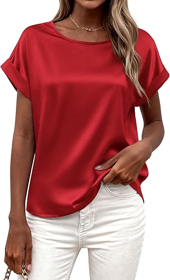 BTFBM Womens Summer Tops 2026 Satin Silk Crewneck Short Sleeve Shirts Work Business Outfits Spring Blouses Dressy Casual