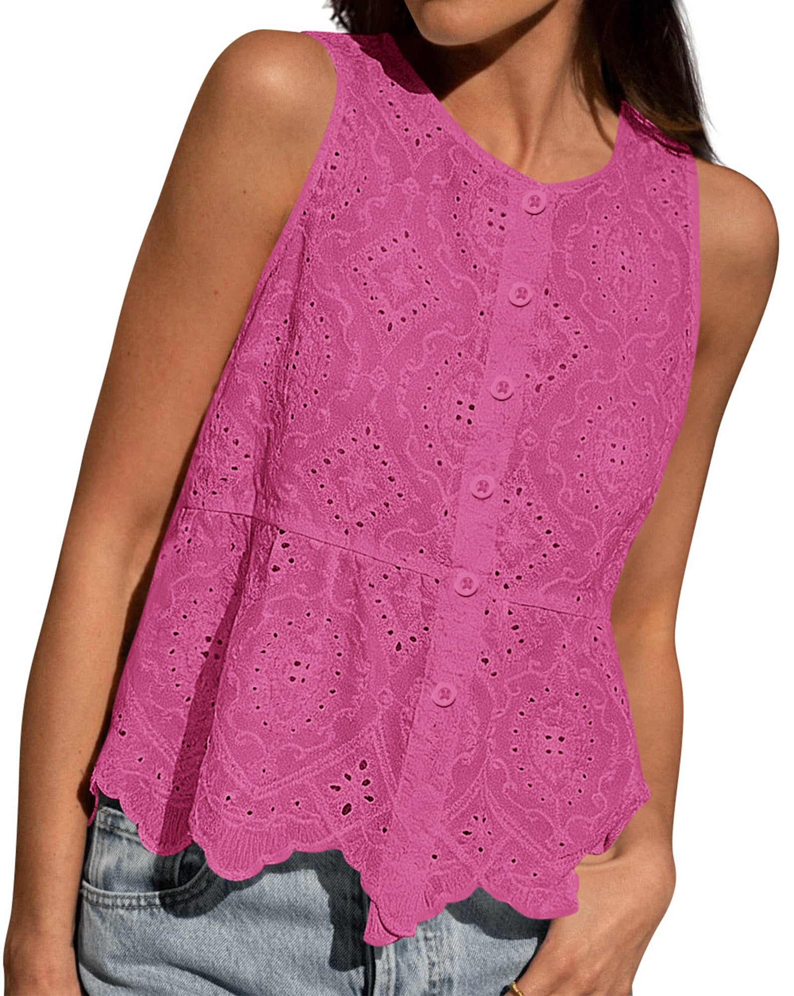 BTFBM Womens Tank Tops 2026 Summer Casual Sleeveless Button Down Shirts Embroidered Eyelet Blouse Beach Vacation Clothes