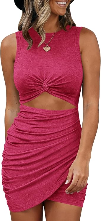 BTFBM Women 2026 Summer Dresses Sleeveless Casual Crewneck Bodycon Cutout Twist Slim Wrap Club Party Beach Mini Dress