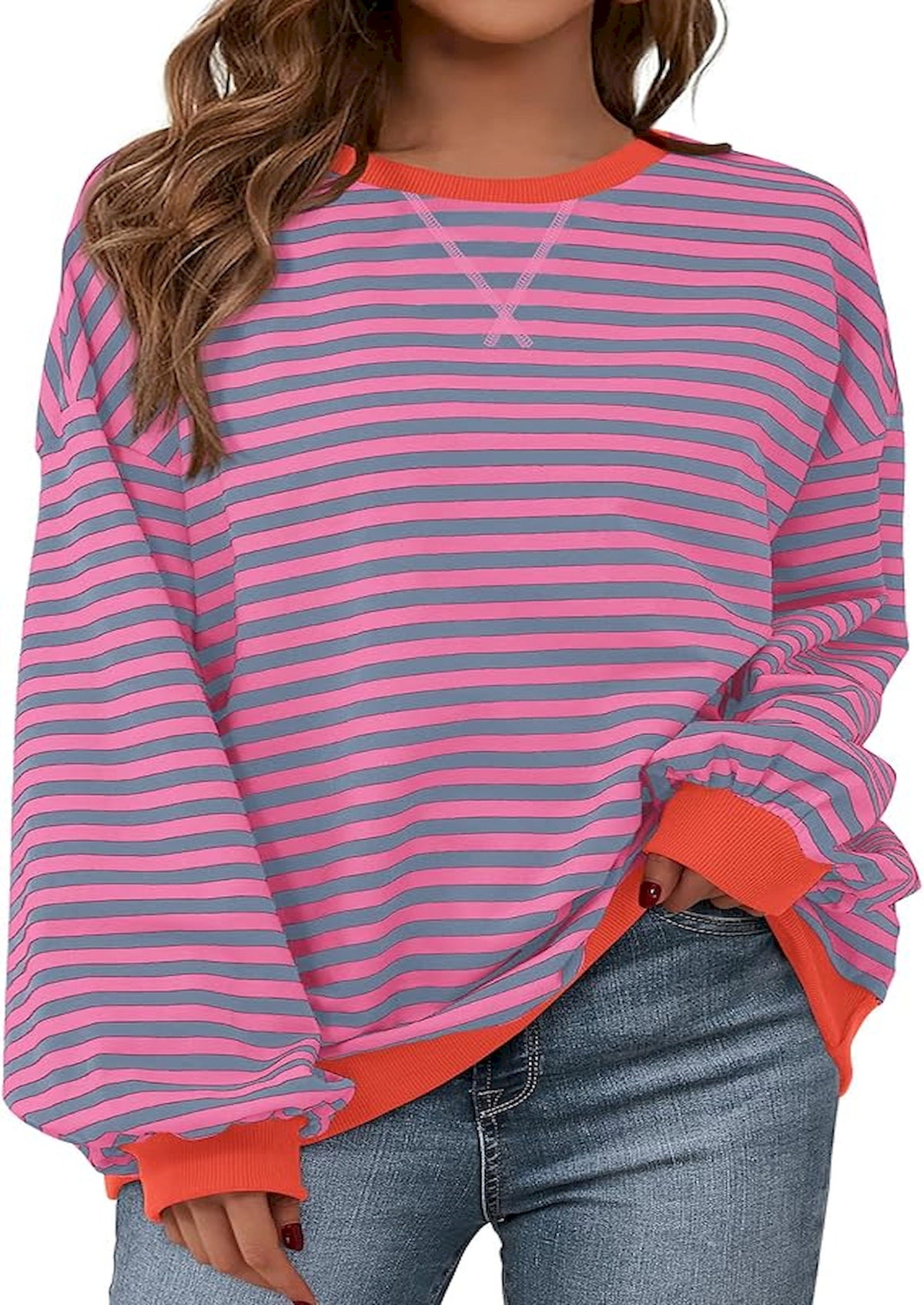 BTFBM Sweatshirt For Women 2026 Summer Crewneck Long Sleeve Oversized Striped Pullover Tops Y2K Clothes Workout Shirt