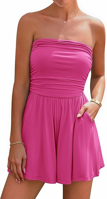 BTFBM Womens Romper 2026 Spring Summer Strapless Tube Tops Beach Vacation Clothes Boho Loose Shorts Jumpsuits Pockets