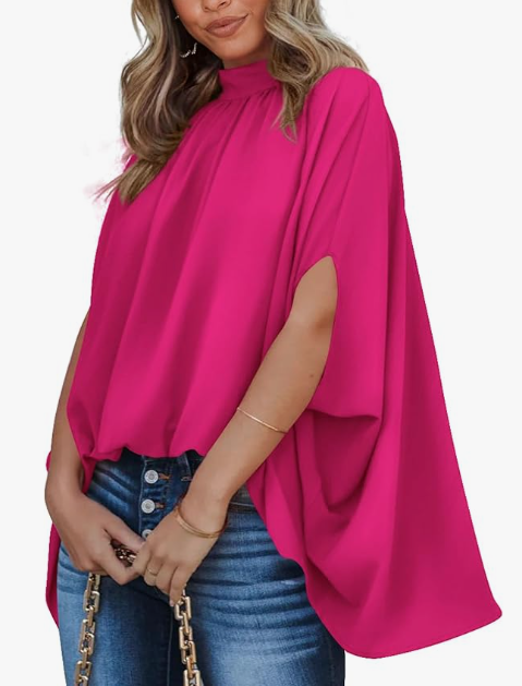 BTFBM Womens Summer Tops 2026 Mock Neck Batwing Sleeve Silk Satin Shirts Loose Oversized Dressy Casual Spring Blouses