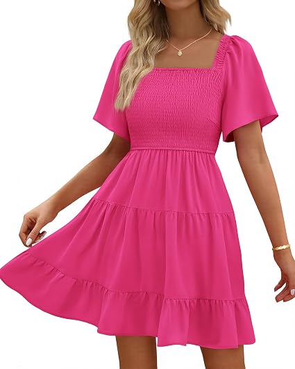 BTFBM Dresses Women Square Neck Ruffle Sleeve Smocked Short Dress  Casual Flared Short Sleeve,Two Side Pockets,A Line,High Waist,Flutter Summer Dress For Women,Swing Boho Beach Dress