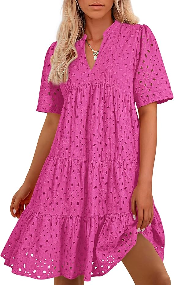 BTFBM Womens Boho Summer Dresses 2026 Spring V Neck Short Sleeve Hollow Out Lace Ruffle Casual Beach Mini Vacation Dress