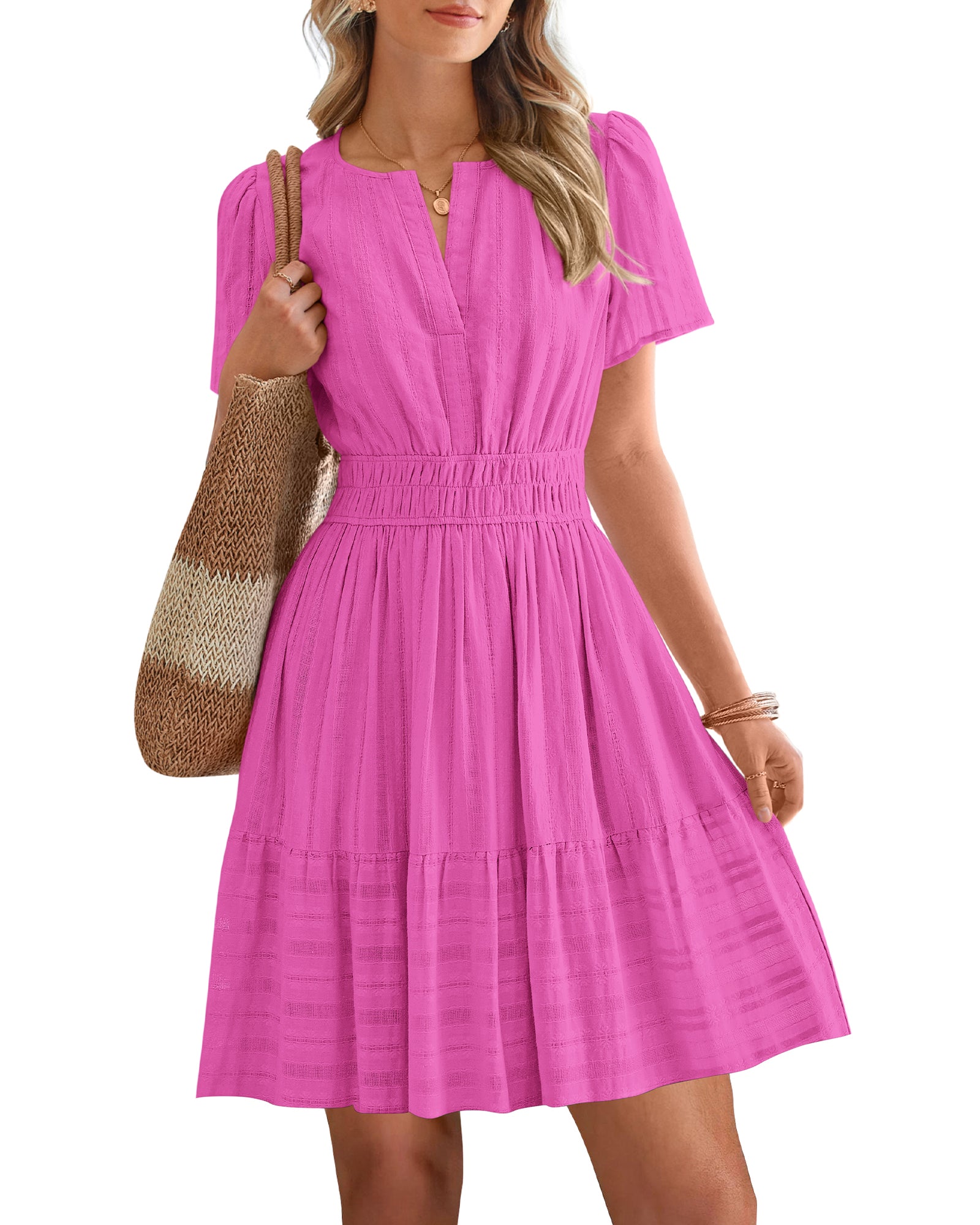 BTFBM Womens Spring 2026 Casual Mini Dresses Lightweight Short Sleeve V Neck Elastic Waist Cute Boho Beach Dress Pockets
