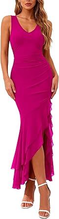 BTFBM Summer Dresses for Women 2026 Bodycon Ruched Sleeveless V Neck Solid Maxi Cocktail Wedding Guest Dress