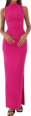 BTFBM Womens Two Piece Outfits Summer Lightweight 2026 Mock Neck Sleeveless Knit Tops Maxi Skirt Set Going Out Dress