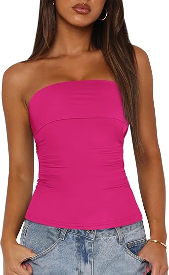 BTFBM Womens Strapless Tube Tops Spring Summer Clothes 2026 Trendy Casual Ruched Stretchy Going Out Bodycon Bandeau Top