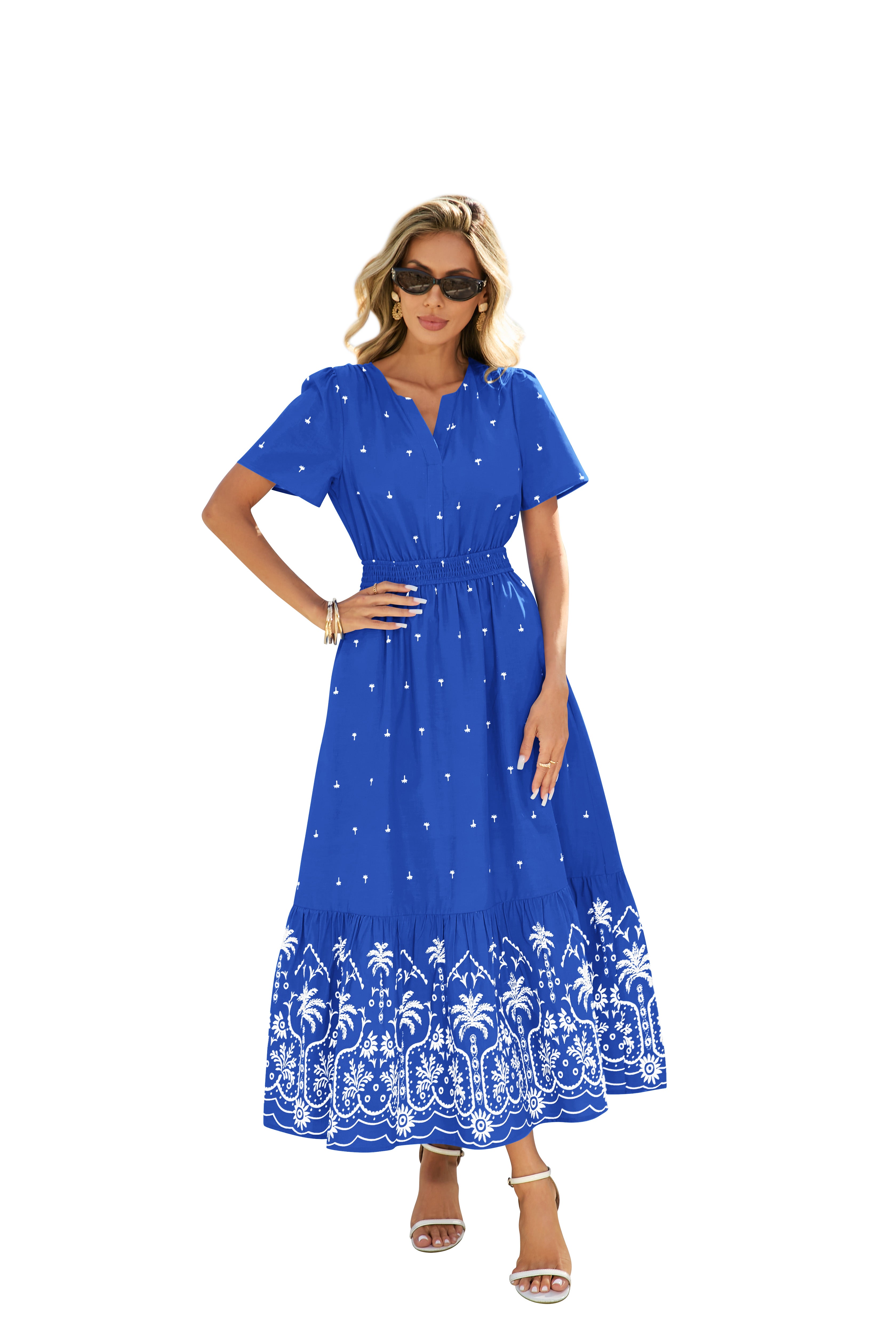 BTFBM Womens Summer Dresses 2026 Casual Short Sleeve Elastic Waist Flowy Beach Vacation Floral Boho Maxi Dress Pockets