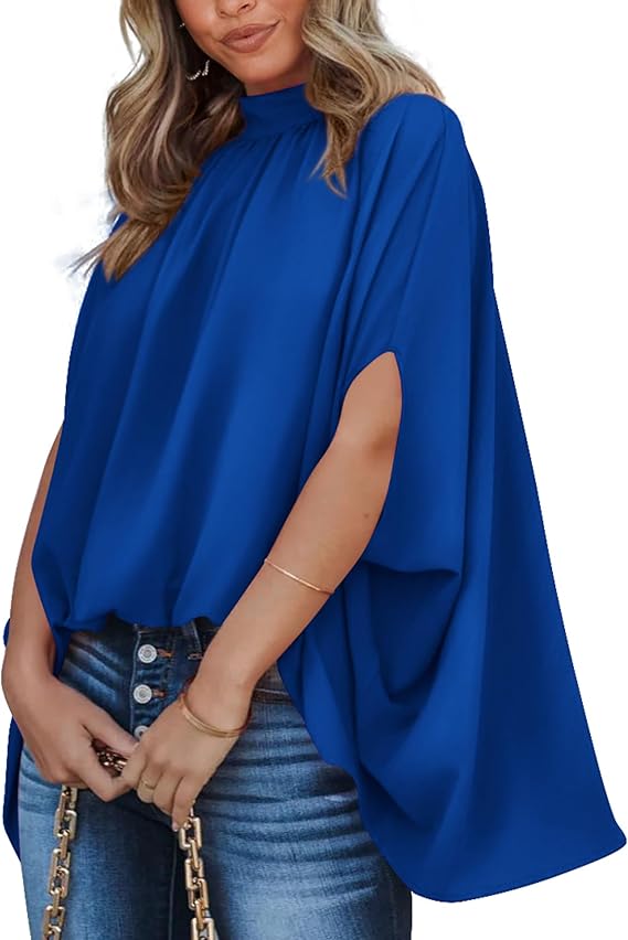 BTFBM Womens Summer Tops 2026 Mock Neck Batwing Sleeve Silk Satin Shirts Loose Oversized Dressy Casual Spring Blouses