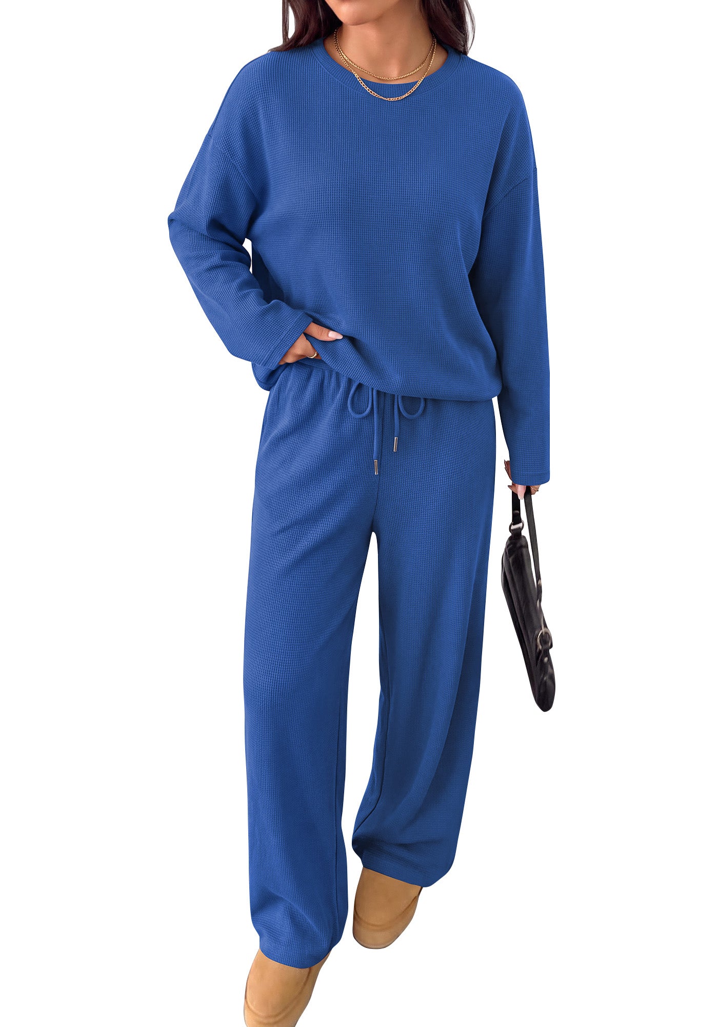 BTFBM 2 Piece Set Lounge Sets Fall Outfits For Women 2026  Casual,Long Sleeve,Solid,Drawstring,Wide Leg,Waffle Knit,Loose Fit,Tracksuit,Airport Outfits,2 Piece Outfit,Vacation