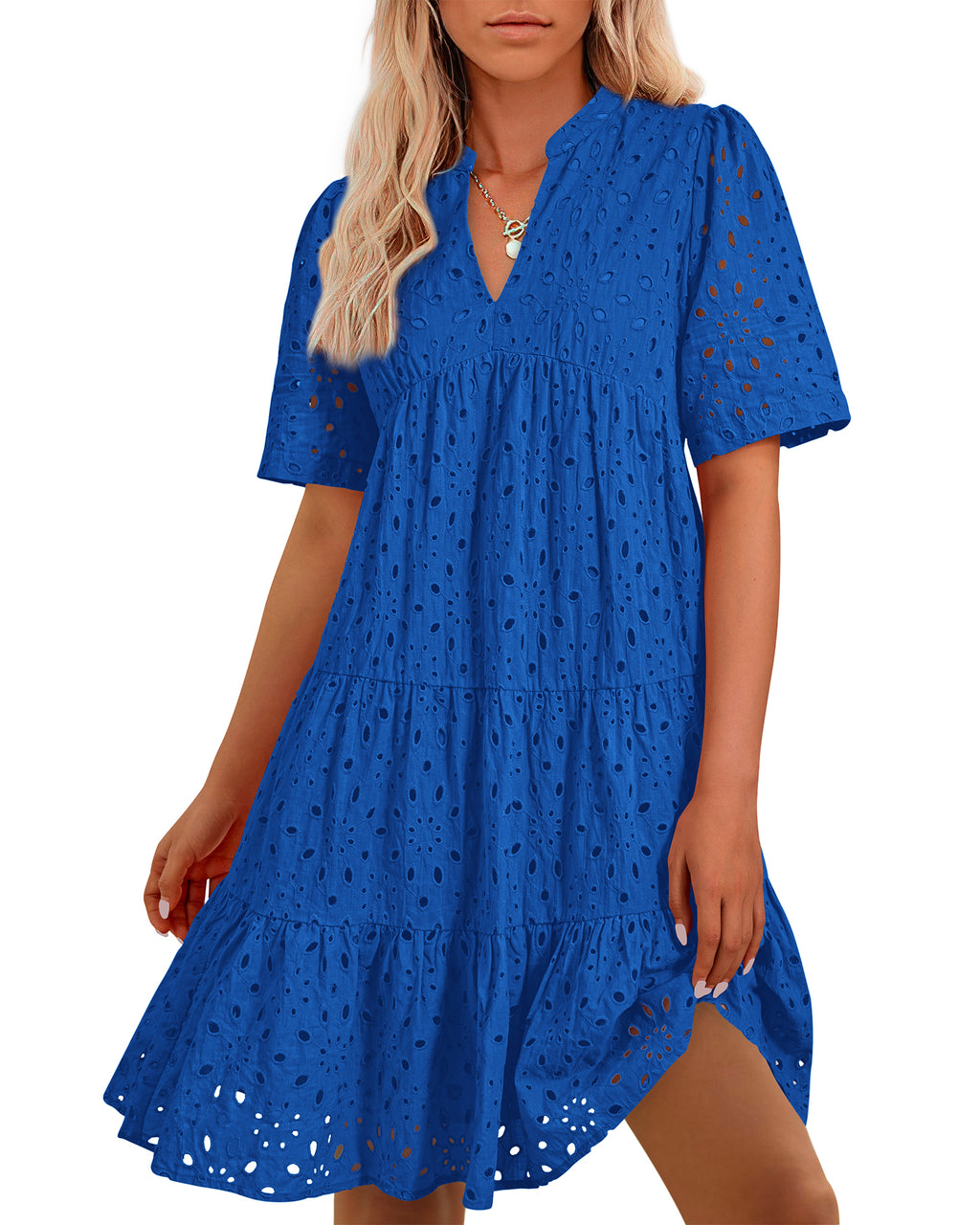 BTFBM Womens Boho Summer Dresses 2026 Spring V Neck Short Sleeve Hollow Out Lace Ruffle Casual Beach Mini Vacation Dress