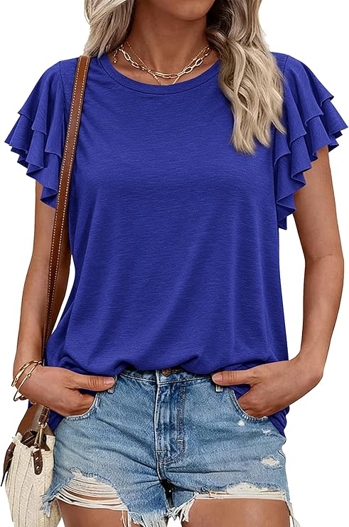 BTFBM Summer Tops for Women 2026 Crew Neck Ruffle Short Sleeve Shirts Loose Tunic Casual Spring Blouses