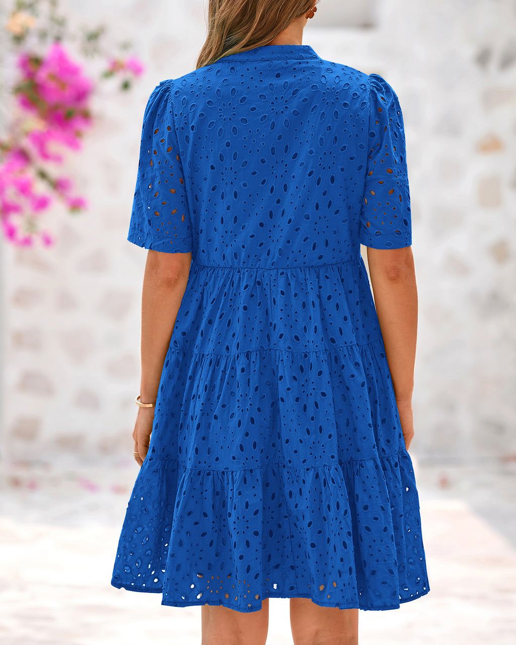 BTFBM Womens Boho Summer Dresses 2026 Spring V Neck Short Sleeve Hollow Out Lace Ruffle Casual Beach Mini Vacation Dress