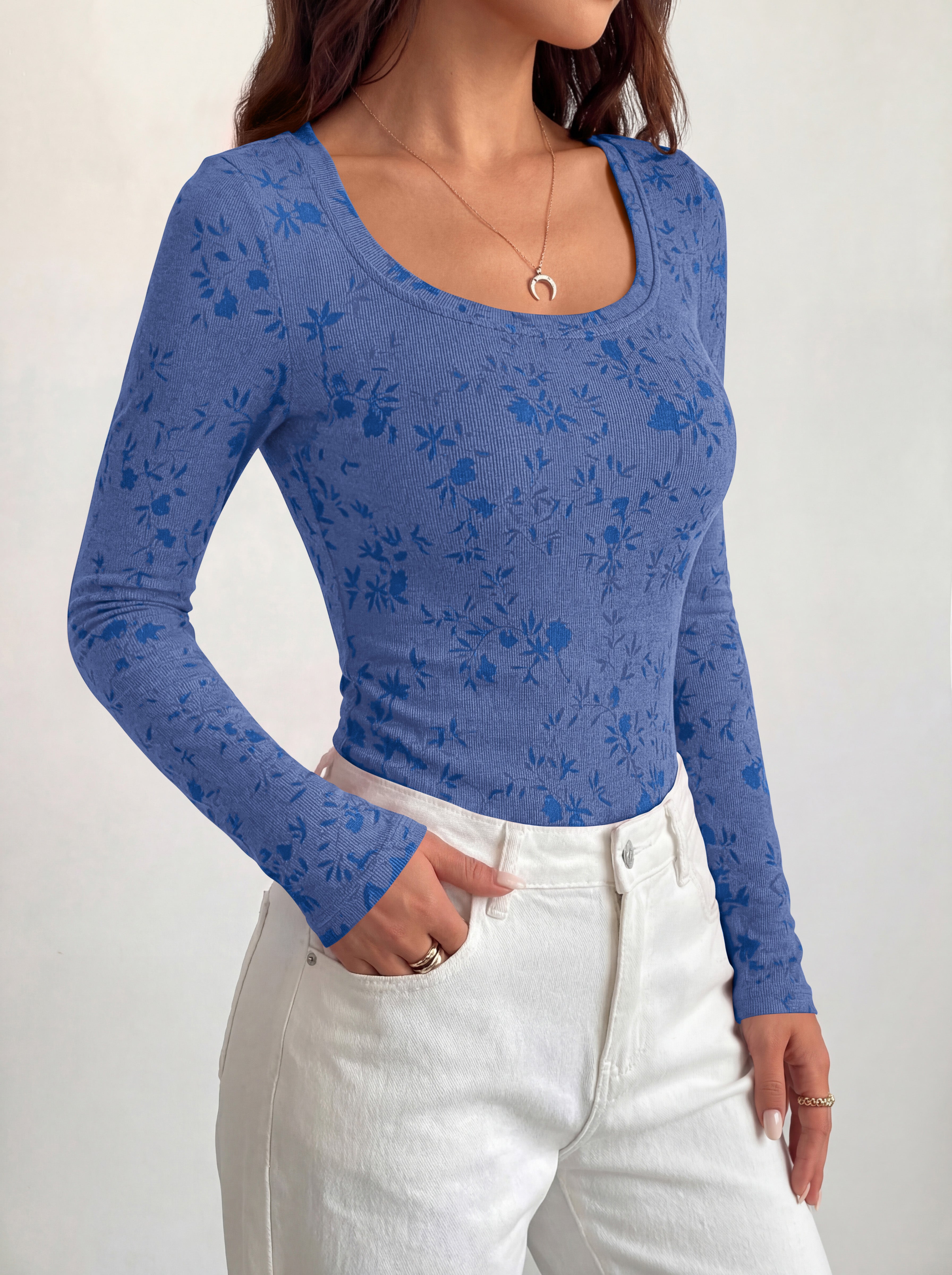 BTFBM Women's Long Sleeve Scoop Neck Shirts Floral Tops | Casual Women Fall Clothes, Ribbed Slim Fitted T-Shirts, y2k Fashion Clothing, Concert Going Out Top, Club Date Night Outfits