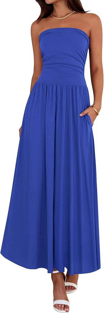 BTFBM Summer Maxi Dresses for Women 2026 Strapless Ruched Tube Top Beach Vacation Spring Wedding Guest Dress Pockets