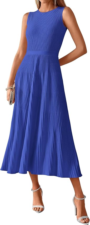 BTFBM Women Tank Midi Dress Summer Crewneck Sleeveless Pleated A Line Business Casual Formal Sweater Spring Dresses 2026