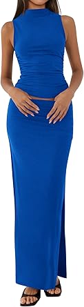 BTFBM Womens Two Piece Outfits Summer Lightweight 2026 Mock Neck Sleeveless Knit Tops Maxi Skirt Set Going Out Dress