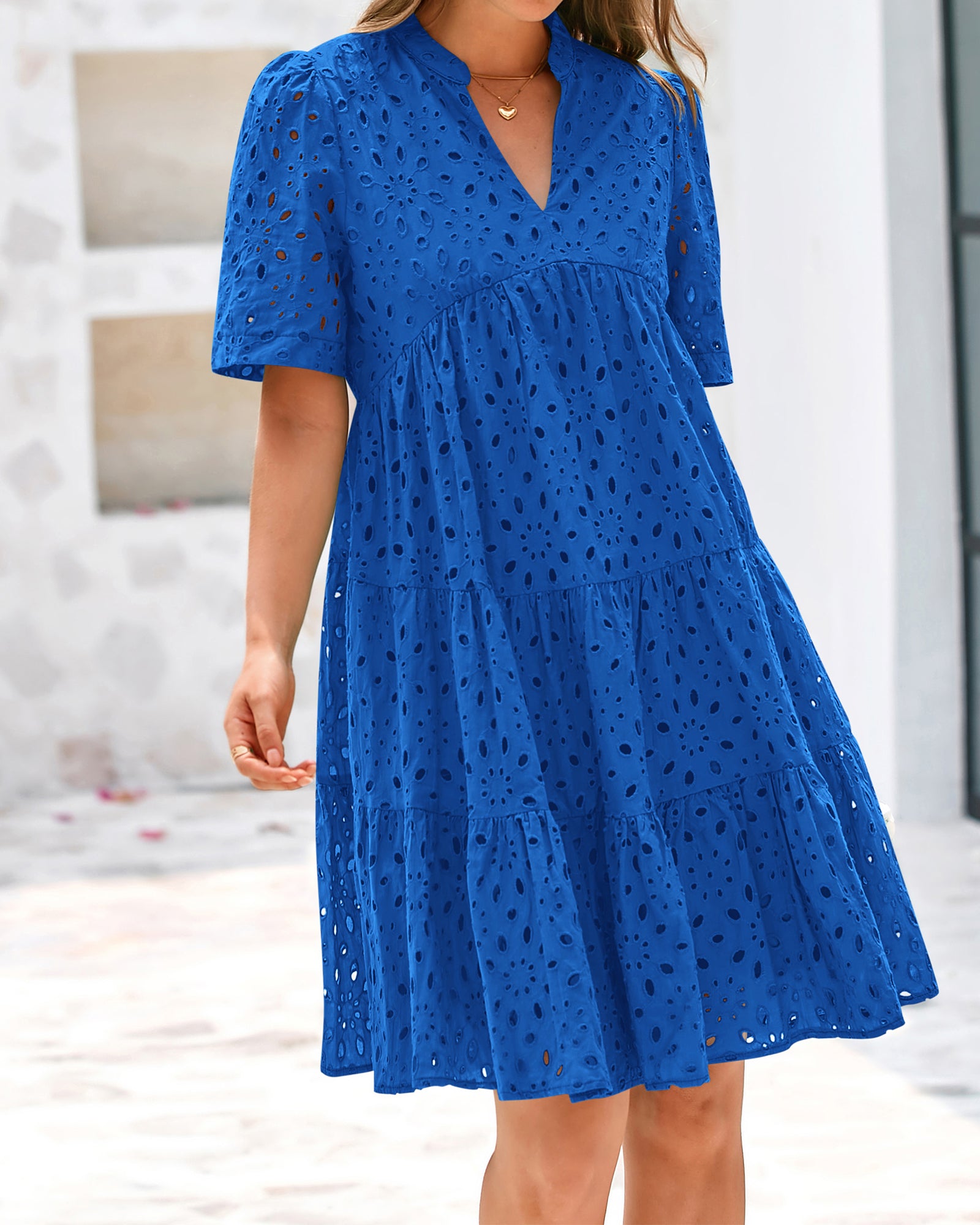 BTFBM Womens Boho Summer Dresses 2026 Spring V Neck Short Sleeve Hollow Out Lace Ruffle Casual Beach Mini Vacation Dress