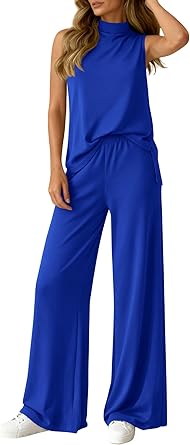 BTFBM Summer 2 Piece Lounge Sets For Women Sleeveless Mock Neck Top Wide Leg Pants Airport Travel Beach Vacation Outfits
