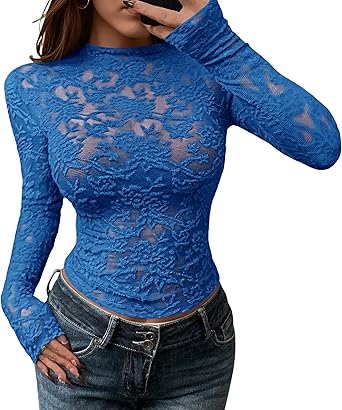 BTFBM Mesh Long Sleeve Tops for Women Lace Sexy Sheer Tight See Through Crew Neck Spring Fall 2026 Party Club Outfits