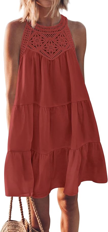 BTFBM Summer Dress for Women 2026 Spring Boho Fashion Halter Neck Sleeveless Loose A-Line Mini Beach Vacation Sundress