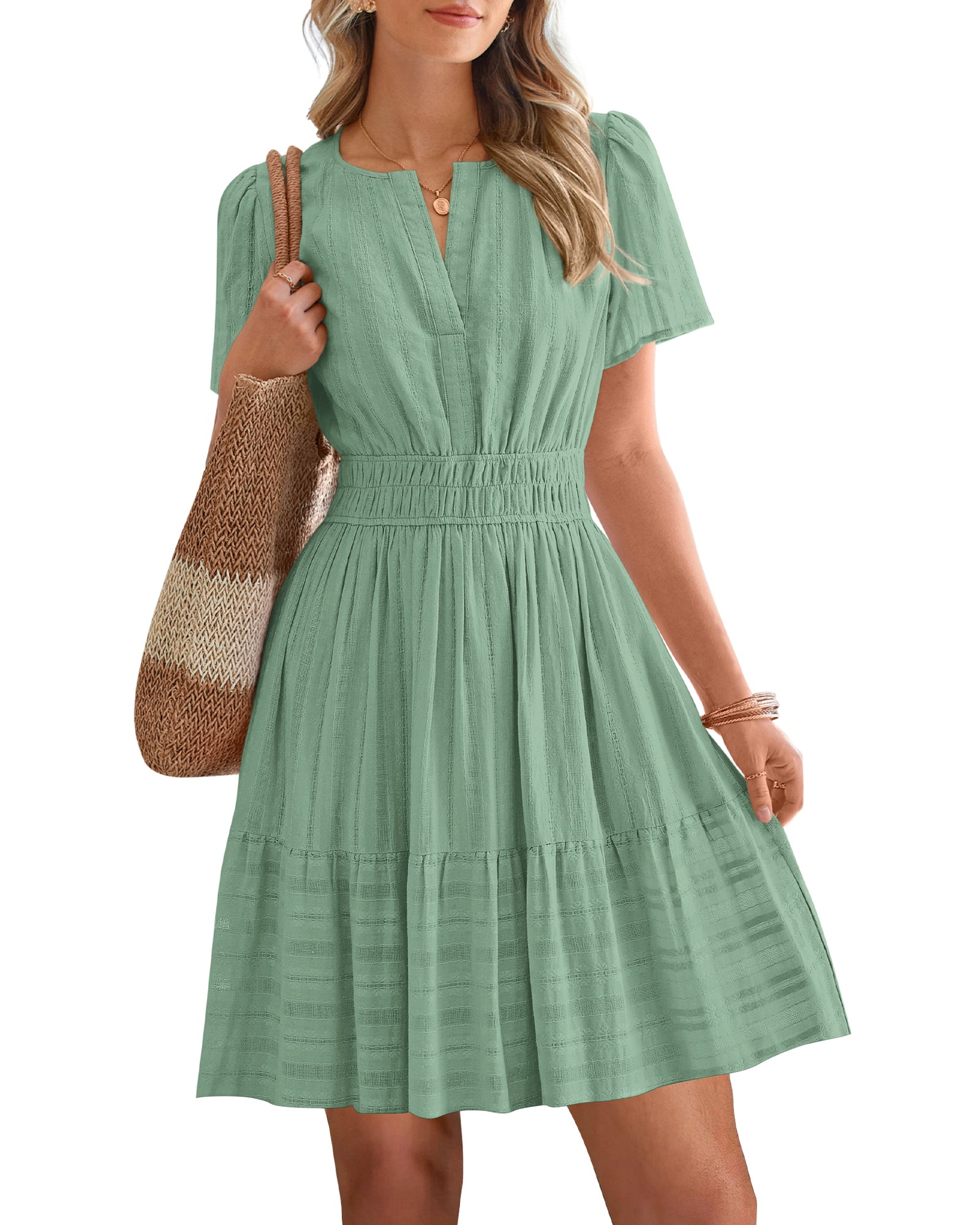 BTFBM Womens Spring 2026 Casual Mini Dresses Lightweight Short Sleeve V Neck Elastic Waist Cute Boho Beach Dress Pockets
