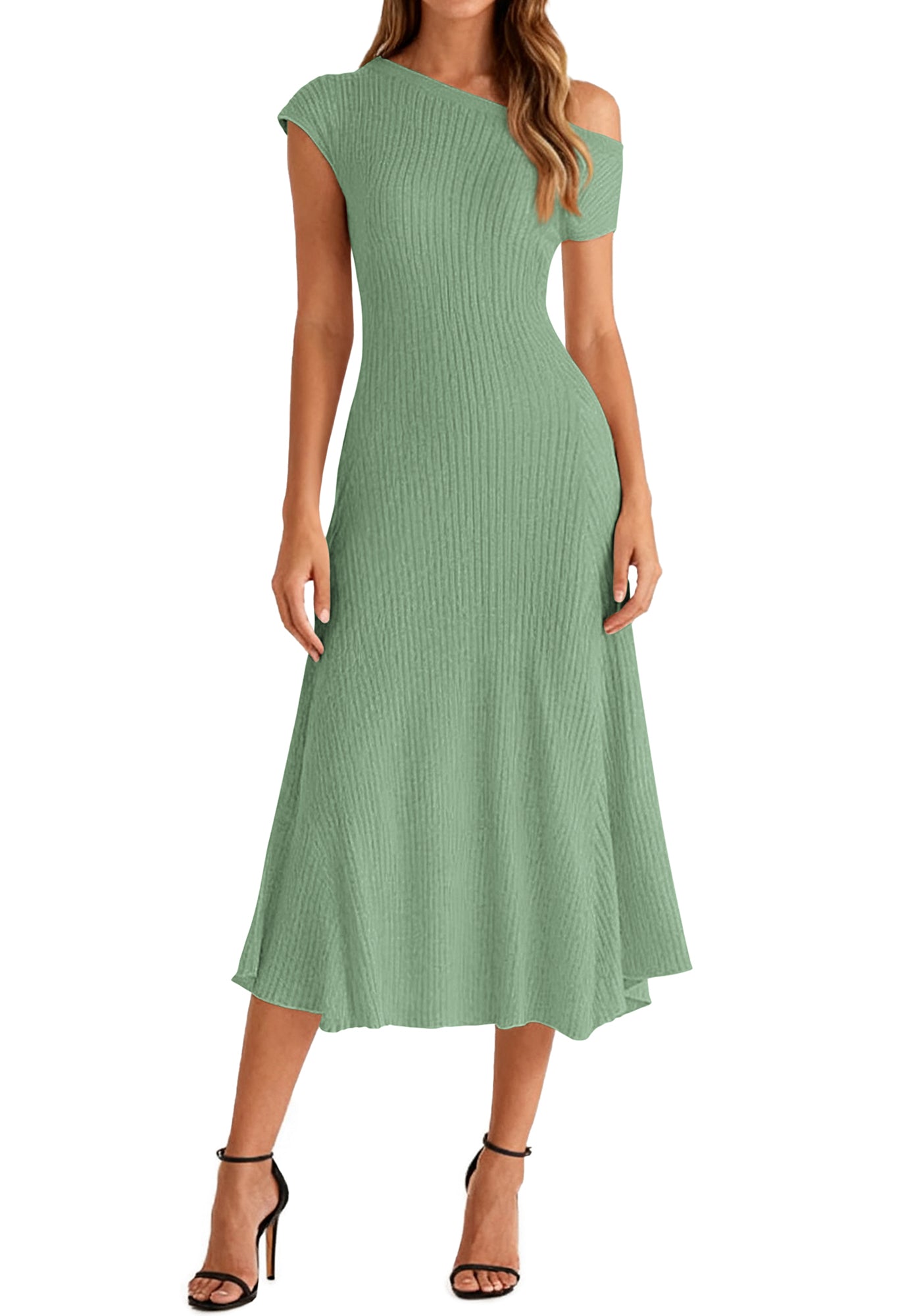 BTFBM Womens Spring Dresses 2026 Asymmetrical Neck Short Sleeve Pleated Swing Knit Midi Dress Business Casual