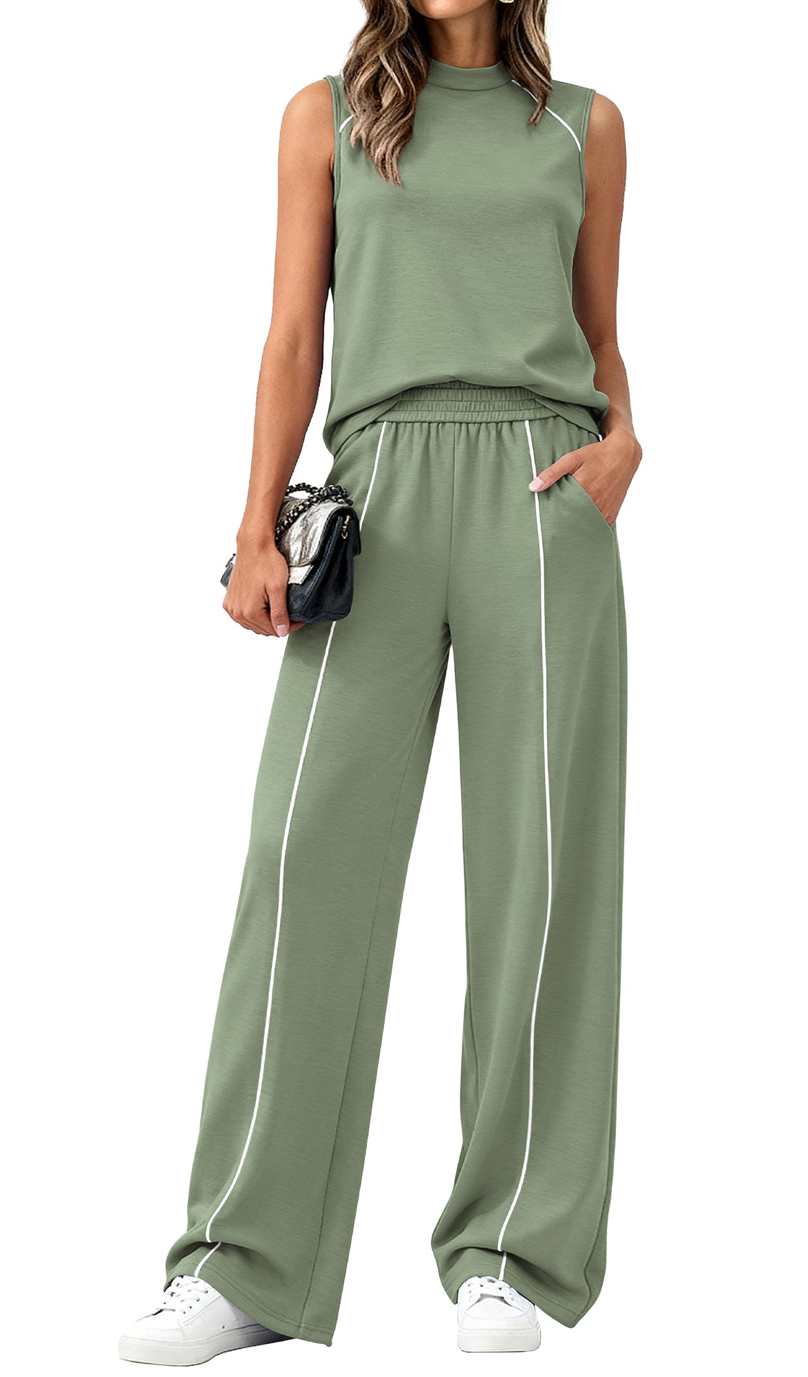 BTFBM Two Piece Sets for Women Summer Outfits 2026 Lounge Sets Mock Neck Tops Wide Leg Pants Travel Fashion Clothing