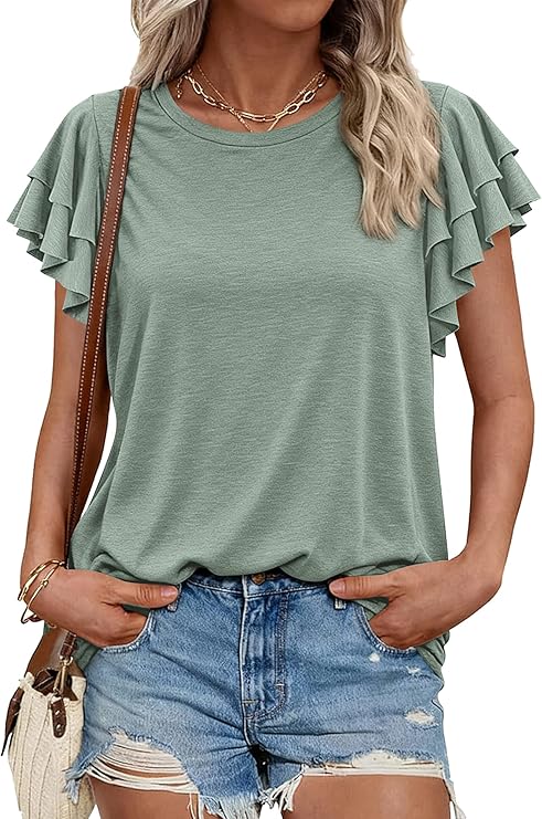 BTFBM Summer Tops for Women 2026 Crew Neck Ruffle Short Sleeve Shirts Loose Tunic Casual Spring Blouses