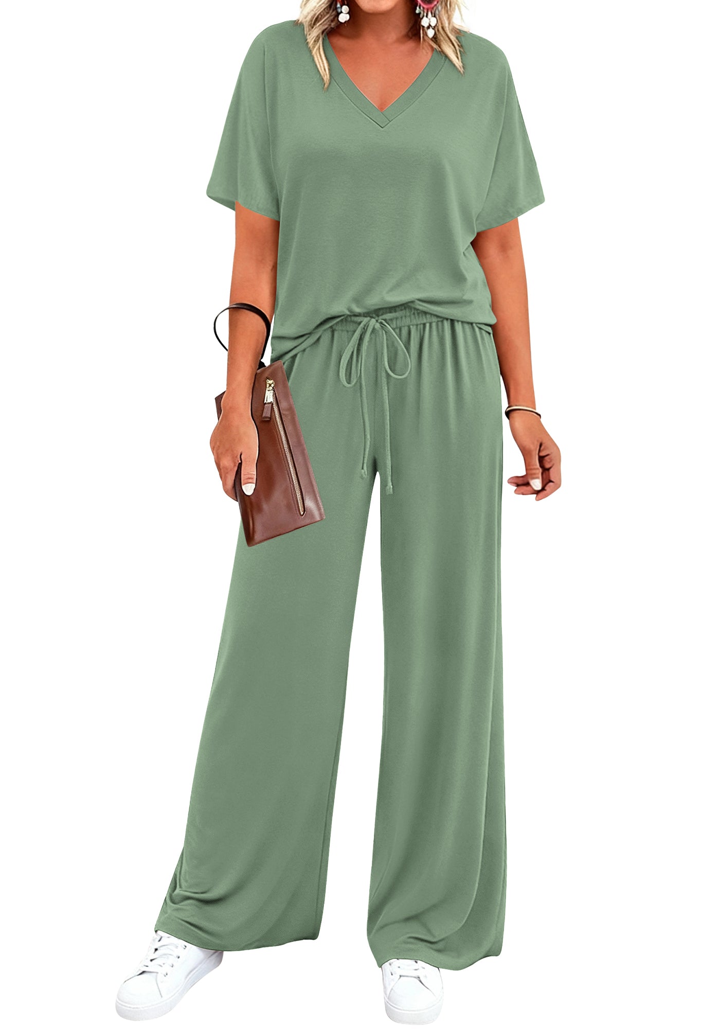 BTFBM 2 Piece Sets for Women Summer V Neck Short Sleeve Lounge Set Wide Leg Pants Matching Set Airport Travel Outfits