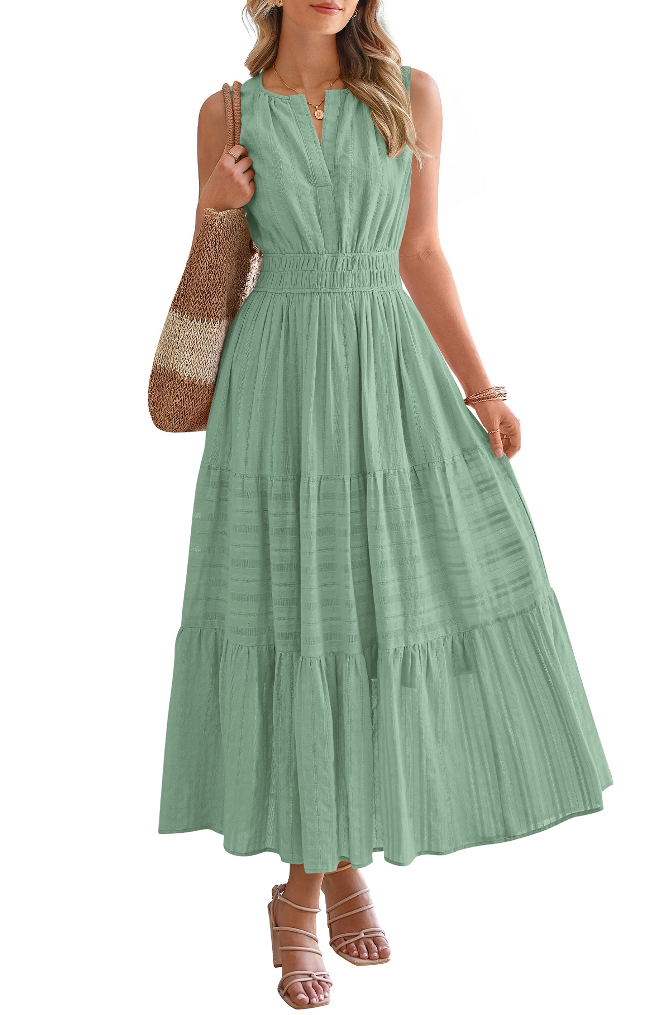 BTFBM Summer Dresses for Women 2026 Sleeveless Boho V Neck A Line Flowy Spring Casual Maxi Dress Beach Vacation Pockets