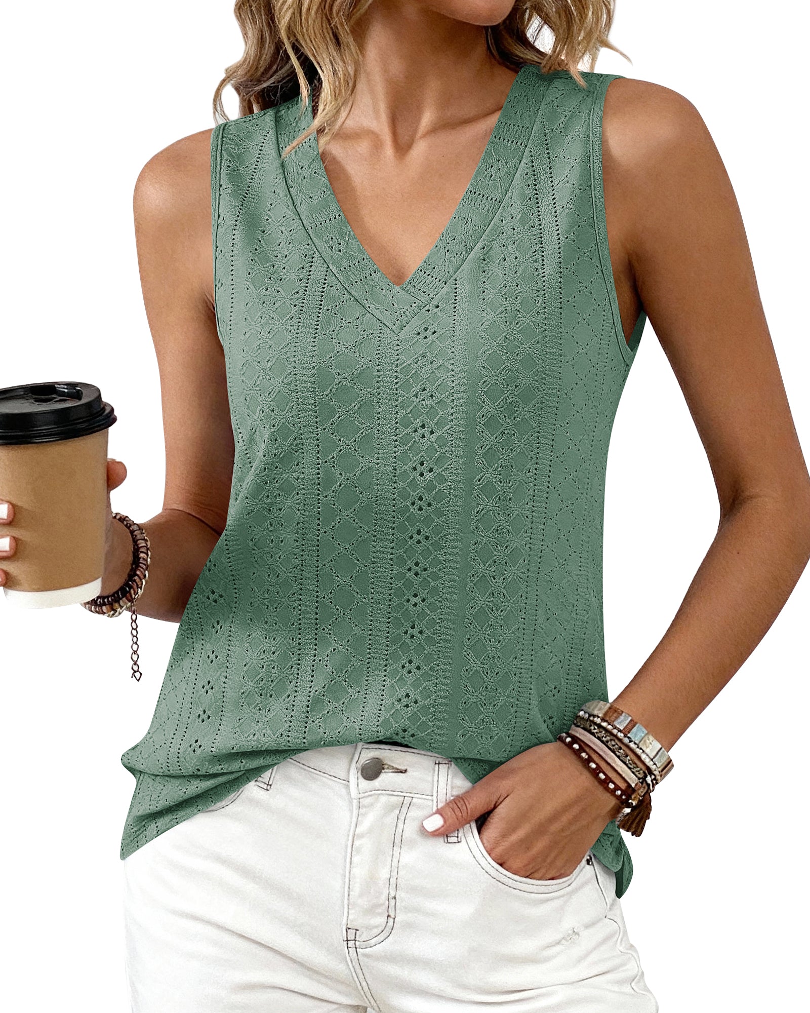 BTFBM Womens Tank Tops 2026 Summer Eyelet Crossed V Neck Sleeveless Casual Loose Fit Basic Spring Top Vacation Outfits