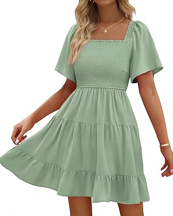 BTFBM Womens Summer Smocked Mini Dress Spring Square Neck Flutter Sleeve Casual Ruffle Swing Boho Beach Dresses Pockets