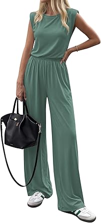 BTFBM 2 Piece Sets for Women Spring 2026 Casual Shoulder Pad Tank Top Wide Leg Pants Matching Set Travel Airport Outfits