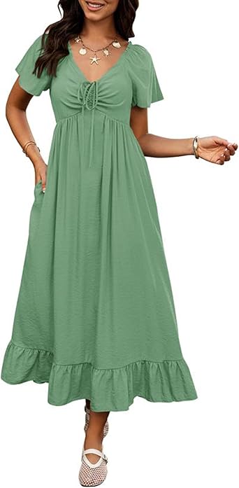 BTFBM Womens Spring Dresses 2025 Casual Short Sleeve V Neck Drawstring Wedding Guest Maxi Dresses Boho Beach Long Dress