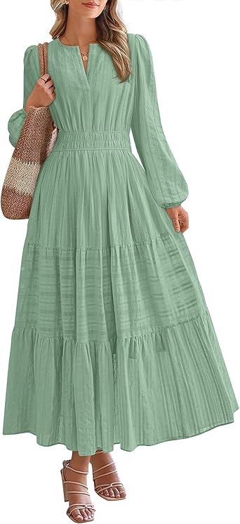 BTFBM Fall Dresses for Women 2025 Casual Long Sleeve V Neck Elastic Waist Lightweight Maxi Wedding Guest Dress Pockets