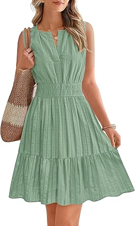 BTFBM Mini Dresses for Women 2026 Summer Sleeveless V Neck Elastic Waist Beach Vacation Sundress Boho Casual Dress Pockets