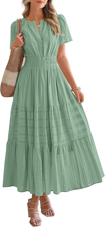 BTFBM Womens Summer 2025 Casual Midi Maxi Dresses Lightweight Short Sleeve V Neck Elastic Waist Boho Beach Dress Pockets